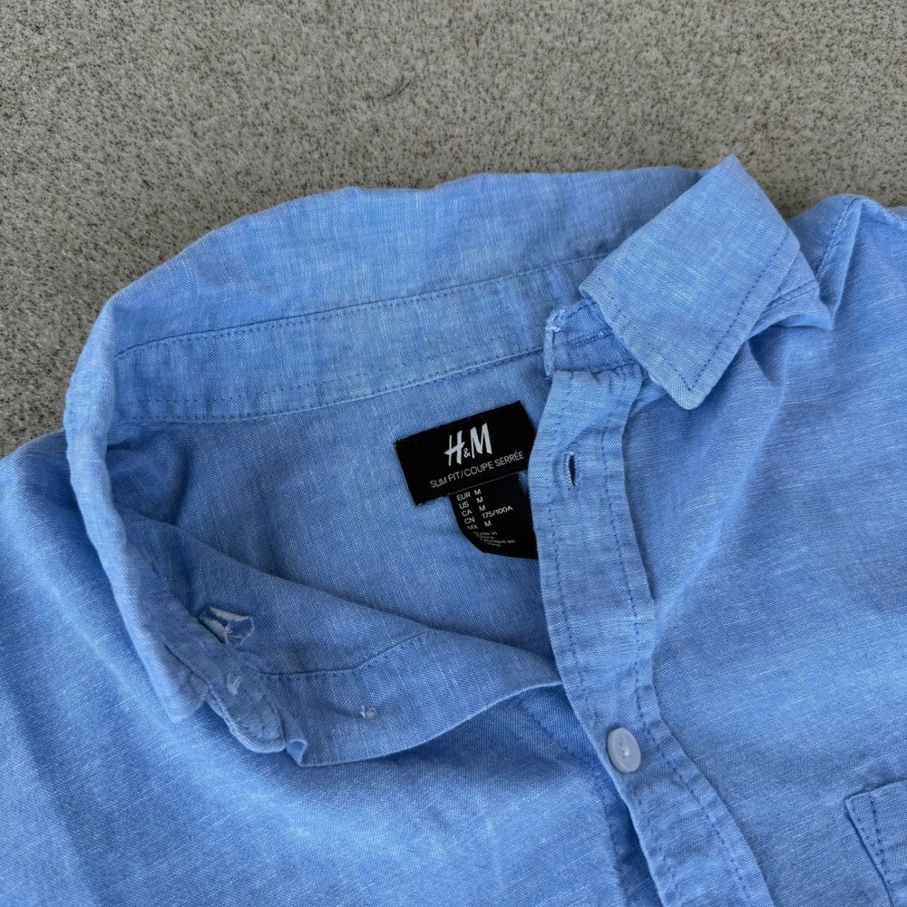 H&M Slim Fit Shirt Mens Medium - Blue Linen Blend Long Sleeve Button Down